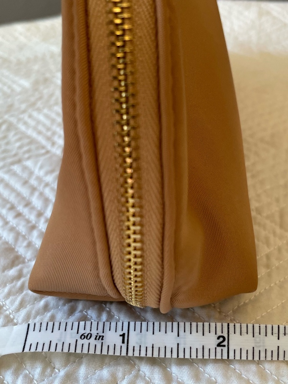 Burberry tan cosmetic pouch with gold tone zip-close and embossed BURBERRY logo - Picture 10 of 11